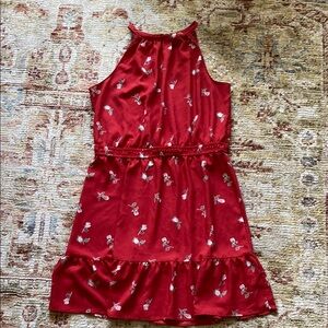 LOFT Red Floral elastic waist Halter Dress
